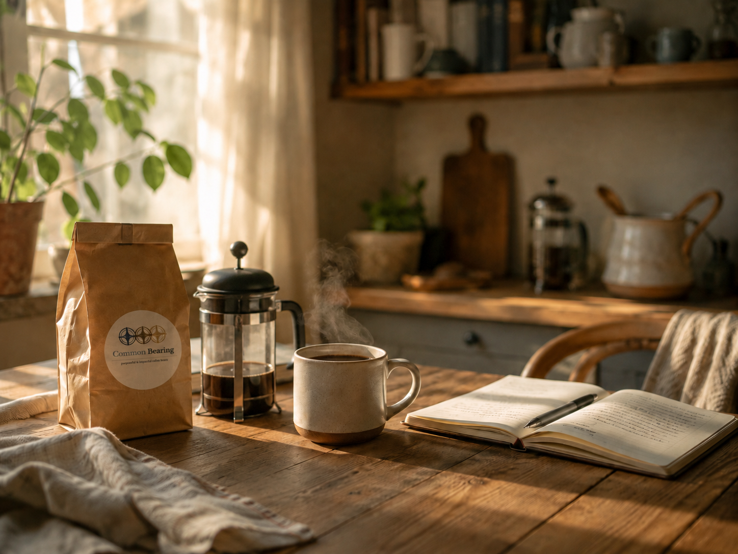 Coffee and notebook on a warm kitchen table
