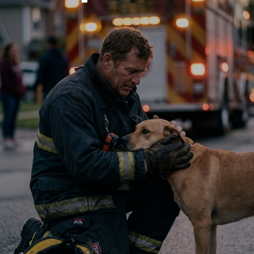 Firefighter kneeling with a dog near a fire truck