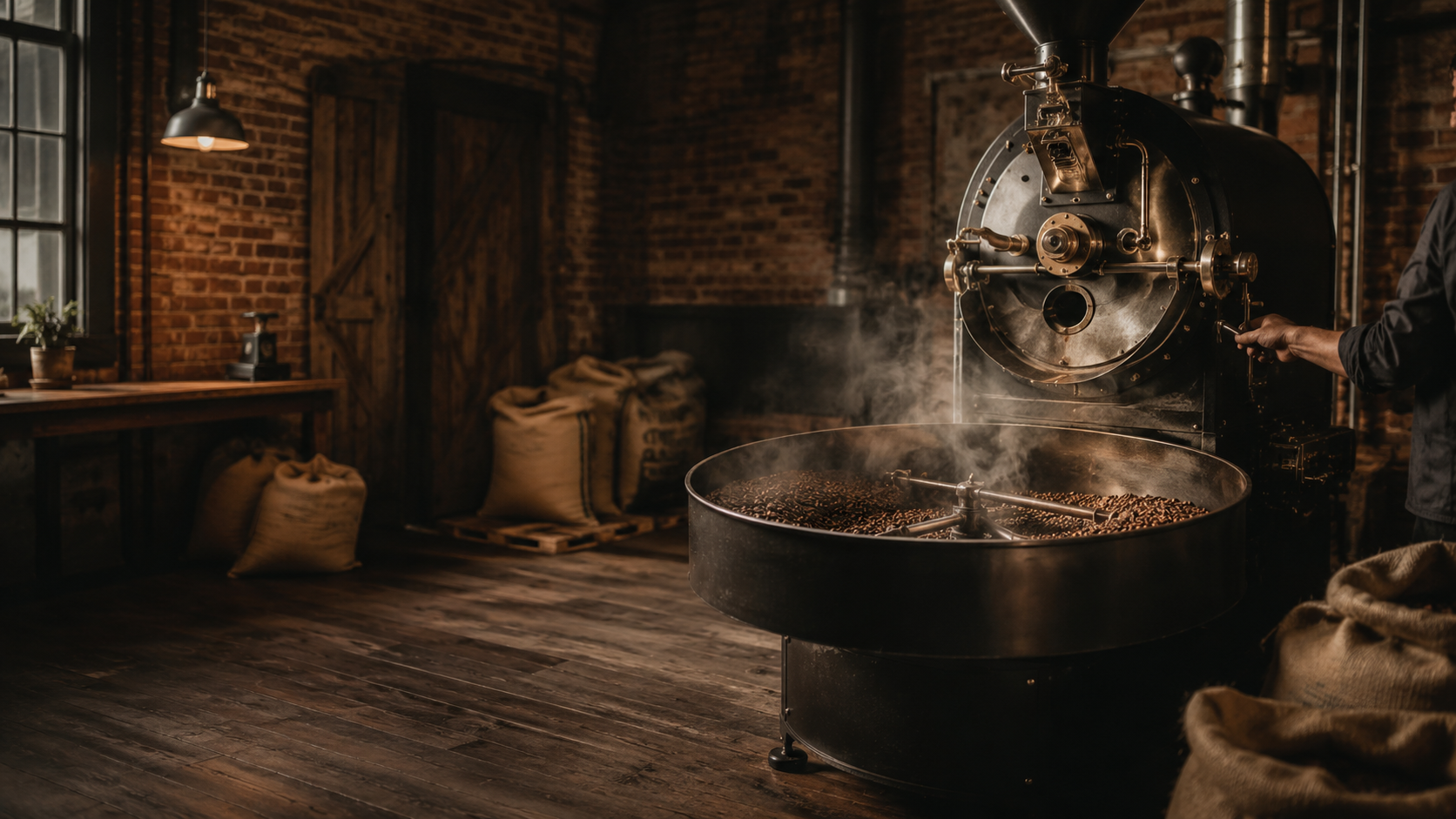 Coffee roastery with cooling tray and roaster