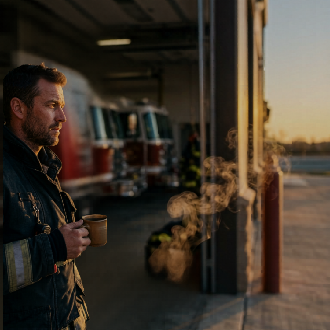 Greenville first responder holding Common Bearing campaign coffee