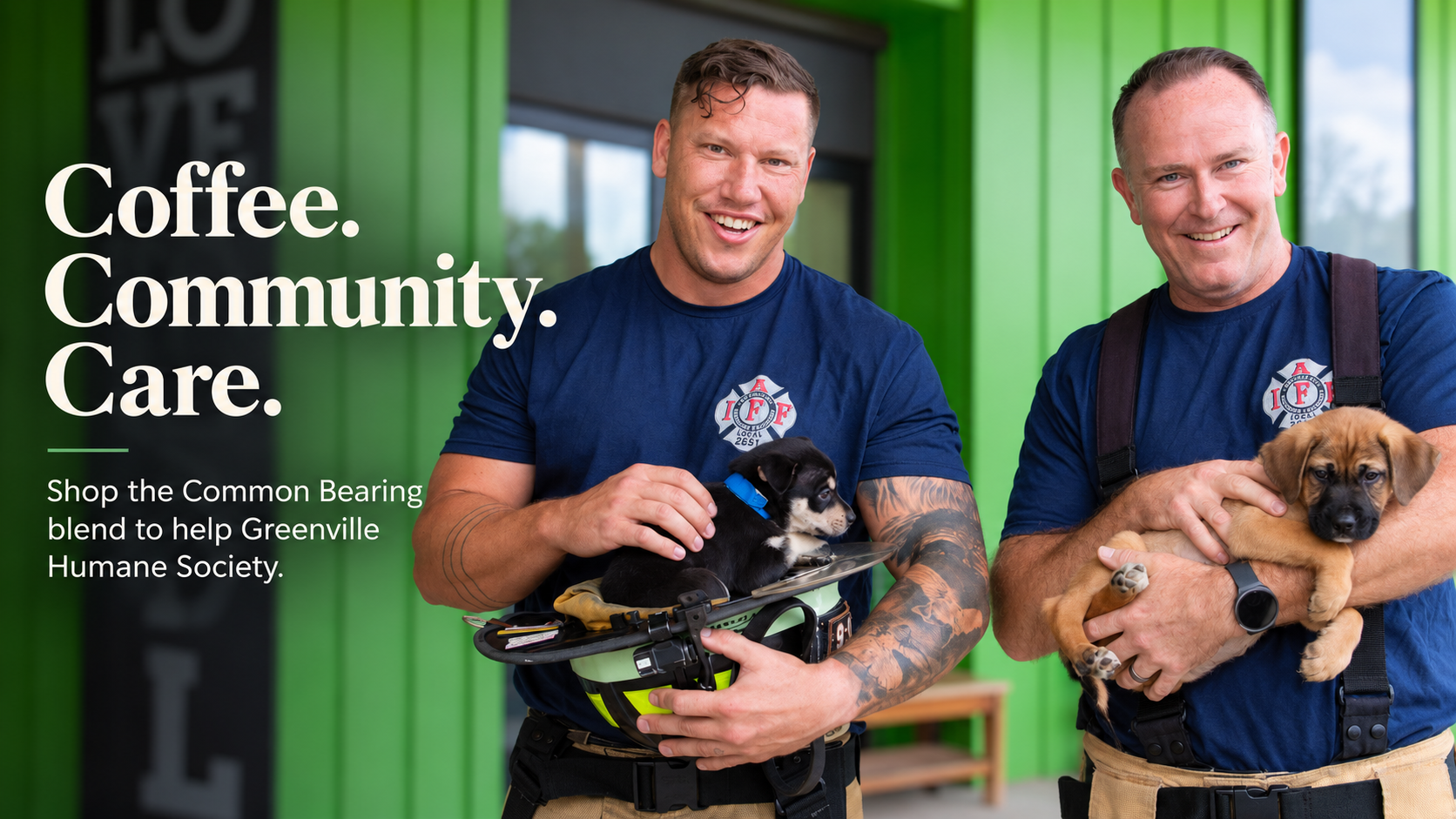 Greenville firefighters holding rescue puppies for the Common Bearing campaign supporting the Greenville Humane Society