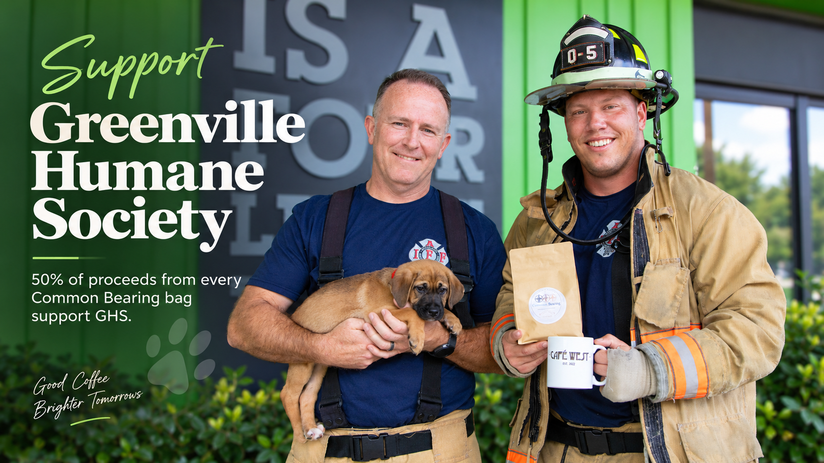 Greenville firefighters holding a rescue puppy and Common Bearing coffee in support of the Greenville Humane Society